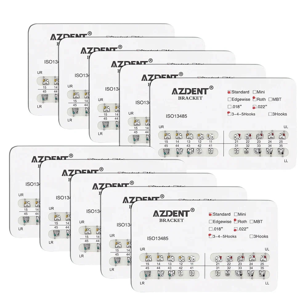 AZDENT 10 Packs Dental Brackets – Orthodontic Metal Mini Standard Roth MBT Slot 0.022/0.018 with Hooks, 20 Pcs per Pack