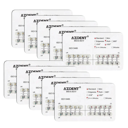 AZDENT 10 Packs Dental Brackets – Orthodontic Metal Mini Standard Roth MBT Slot 0.022/0.018 with Hooks, 20 Pcs per Pack