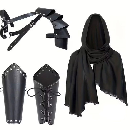 Men’s Medieval Knight Costume Accessories – Hooded Cloak, Scarf, Belt & Wrist Guard for Halloween Cosplay