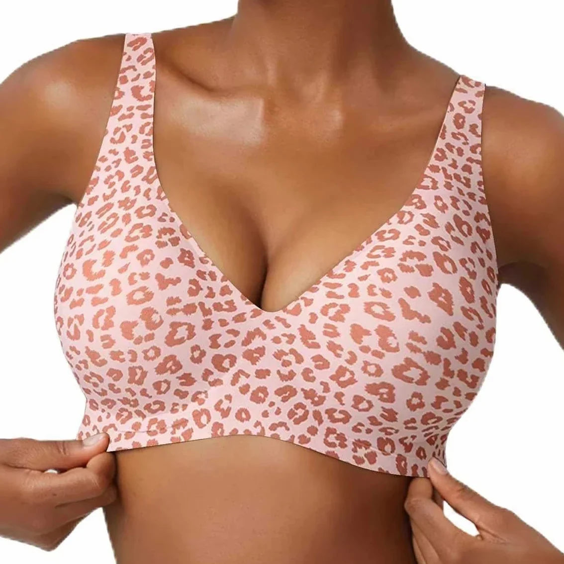 Women’s Pink Leopard Print Bra – Seamless Wire-Free Full Cup Underwear, Soft Support, Breathable Deep V Design