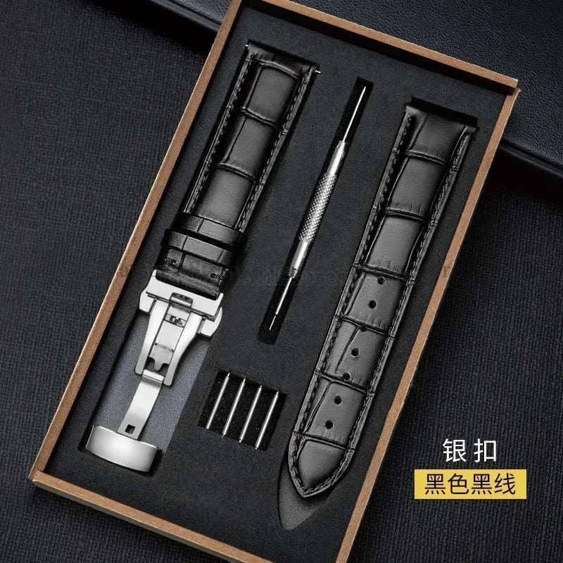 Universal Genuine Leather Watch Band 12–24mm with Butterfly Clasp – Premium Strap for Men & Women (Gift Box Included)