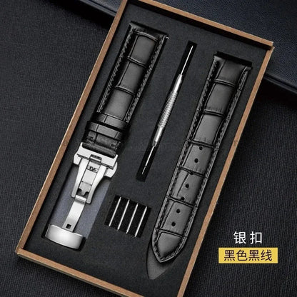 Universal Genuine Leather Watch Band 12–24mm with Butterfly Clasp – Premium Strap for Men & Women (Gift Box Included)