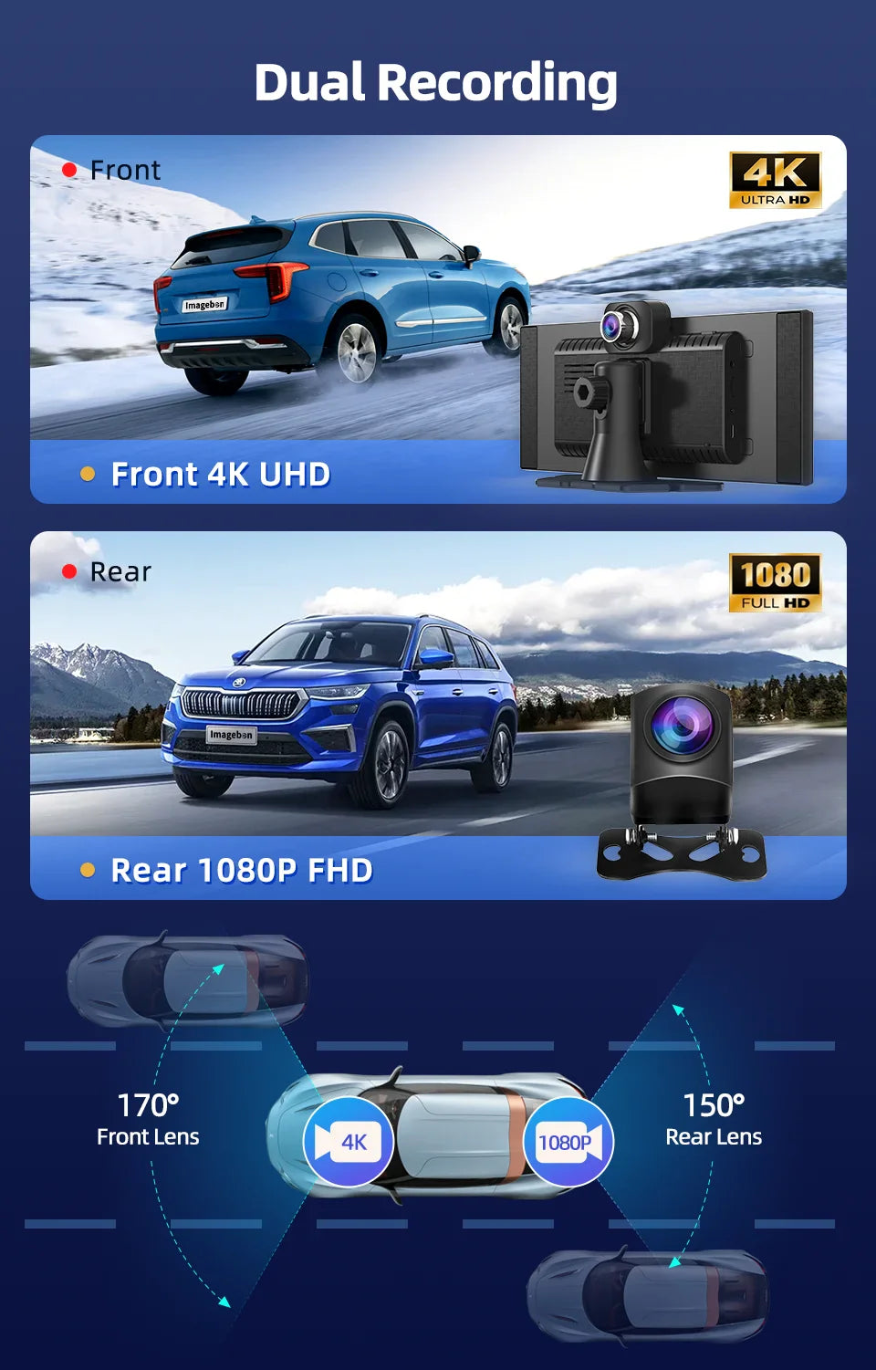 Imagebon 11.4″ H70 Pro 4K QLED Dash Cam - Wireless CarPlay & Android Auto, Dual Recording, Night Vision Car DVR