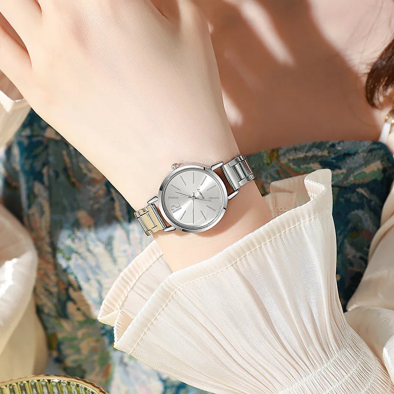 2PCS Set Luxury Women's Watches – Simple Dial, Hollow Strap Gold Bracelet Quartz Wristwatch for Students & Ladies