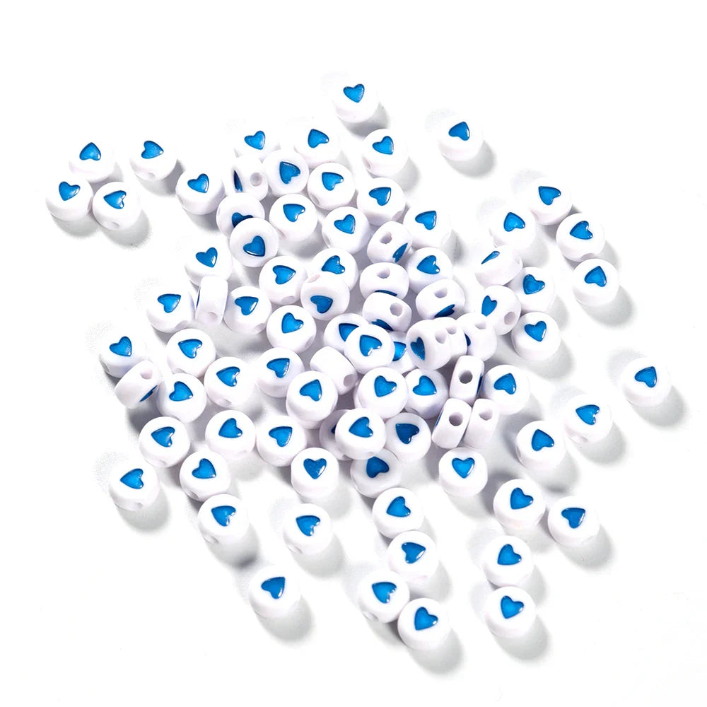 100Pcs 7mm Acrylic Flat Round Beads – Colorful Heart Pattern Spacer Beads for DIY Bracelet & Earring Jewelry Making Supplies