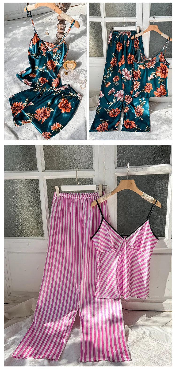 2pcs Women’s Summer Pajama Set – Printed Silk Suspenders Top & Long Pants Breathable Homewear