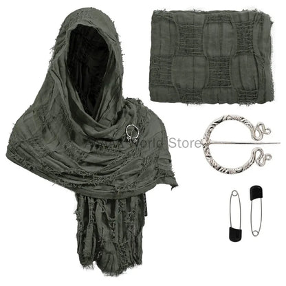 Medieval Renaissance Hooded Cloak – Halloween Costume Cape Wrap with Brooch, Cowl Scarf for Rogue Cosplay