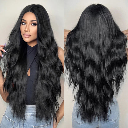 ALAN EATON Black Long Wavy Synthetic Wig – Natural Afro Hair, Middle Part, Heat-Resistant Fiber for Daily Use