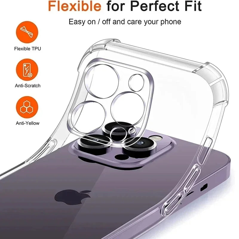 Shockproof Clear Silicone Phone Case – Lens Protection Back Cover for iPhone 11, 12, 13, 14, 15, 16, 17 Pro, Pro Max, Mini, XS, XR