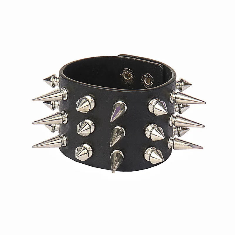 90s Punk Style Bracelet – PU Leather with 3 Rows of Spikes & Square Studs, Fashion Bangle for 2024