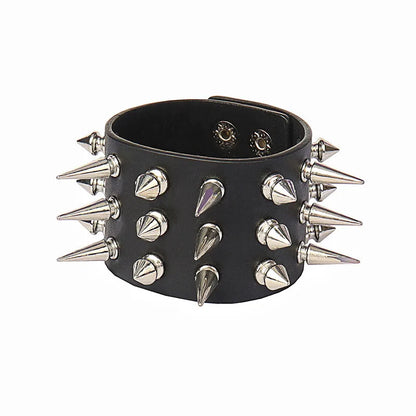 90s Punk Style Bracelet – PU Leather with 3 Rows of Spikes & Square Studs, Fashion Bangle for 2024
