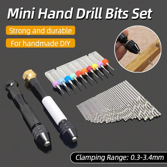 Mini Aluminum Hand Drill 0.3–3.4mm – Keyless Chuck Micro Rotary Tool with HSS Twist Drill Bit Set for Wood & DIY Crafts