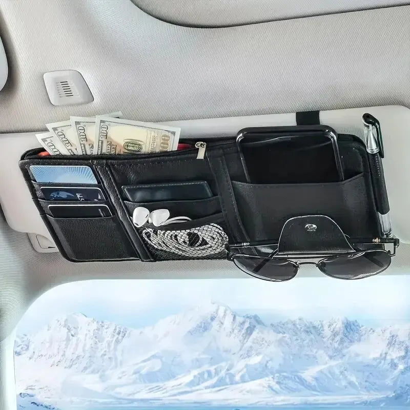 Car Sun Visor Organizer – Sunglass & Mobile Holder, Multi-Pocket Card Storage Pouch for Auto Interior