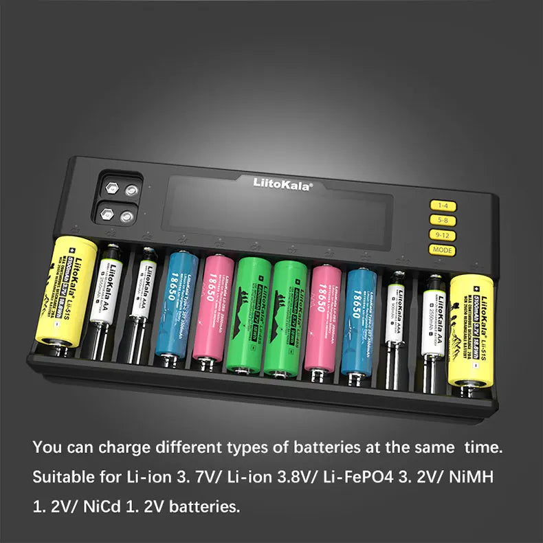 LiitoKala Lii-S8 Lii-S12 CH4 Multi-Function Battery Charger – 18650, 26650, 21700, 26700, AA, AAA Li-ion, NiMH, LiFePO4 Compatible