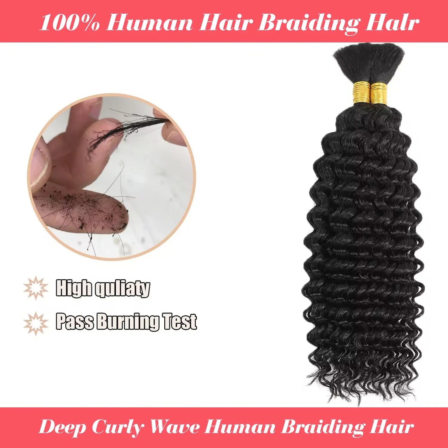 Human Braiding Hair Deep Wave Bulk - 100g No Weft Hair Bundles for Boho Braids, Micro Human Hair