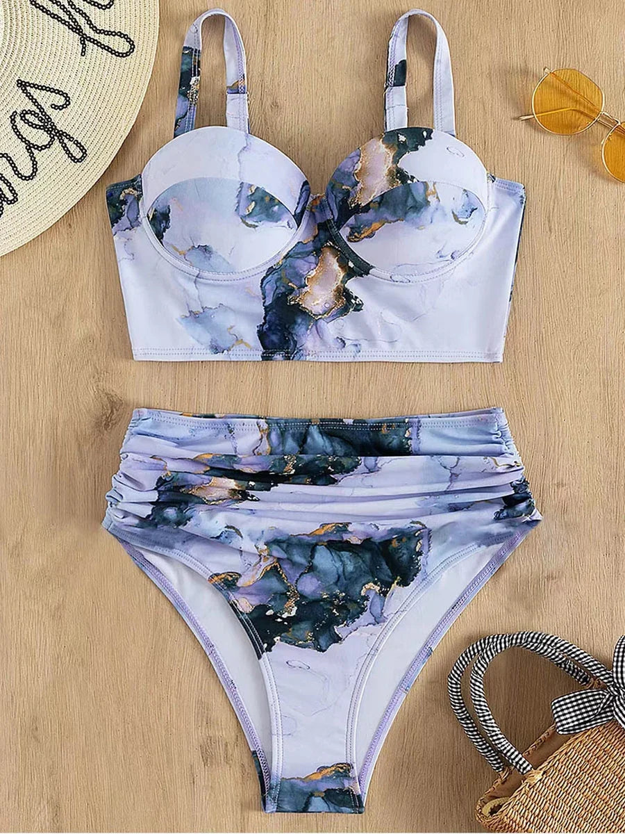 Women’s Butterfly Print Push Up Bikini Set - High Waist Padded Swimsuit for Summer Beachwear