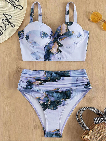 Women’s Butterfly Print Push Up Bikini Set - High Waist Padded Swimsuit for Summer Beachwear