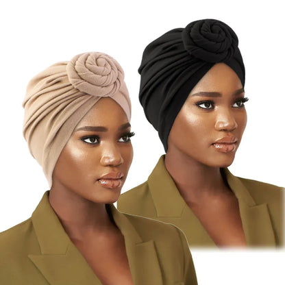 Stylish Headwear Set: 2pcs/lot Cotton Turban Top Knot Flower Decor Headwrap - Muslim Ladies Hair Cover Beanie - Solid Color India Hat for Women