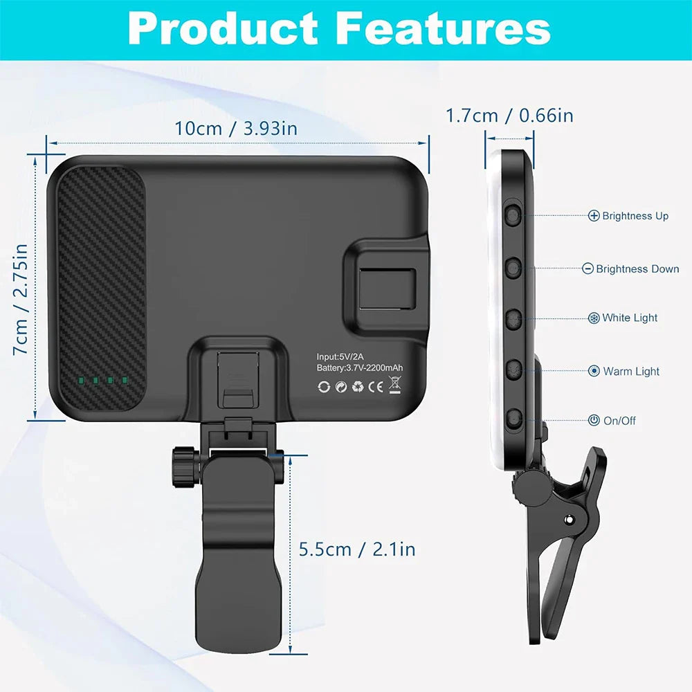 Minifocus Selfie Light | 60 LED 2200mAh Rechargeable Fill Light for Cell Phone | 7 Modes, 10-Level Brightness | Portable Clip-on Light