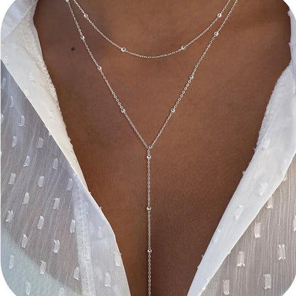Gold Plated Lariat Necklace – Double Layered Long Chain Drop Pendant Choker for Women, Fashion Jewelry Gift