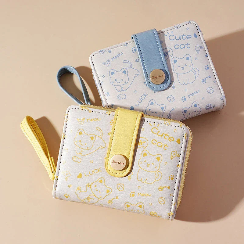 Japanese Cute Cat Wallet for Girls – Short Zipper Wallet, ID & Bank Card Holder, Coin Purse & Key Storage for Women