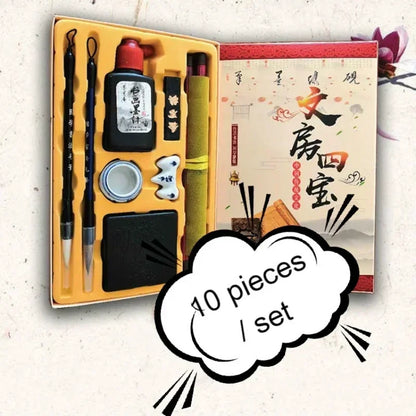 10PCS Calligraphy Set for Kids – Scholar's Four Treasures with Brushes, Ink, Copybook & Paper Art Gift