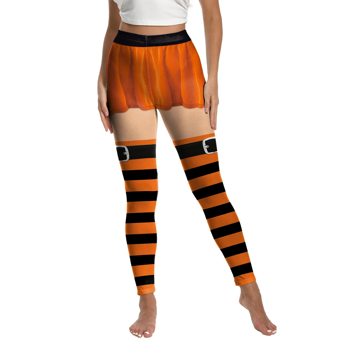 Women’s Halloween Leggings - Spooky Pumpkin Stripe Graphic Stretch Pants for Parties & Workouts