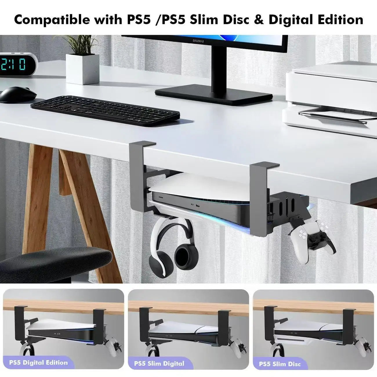 Under-Desk Mount for PS5, PS5 Slim & PS5 Pro – Horizontal Stand for Disc & Digital Edition Console