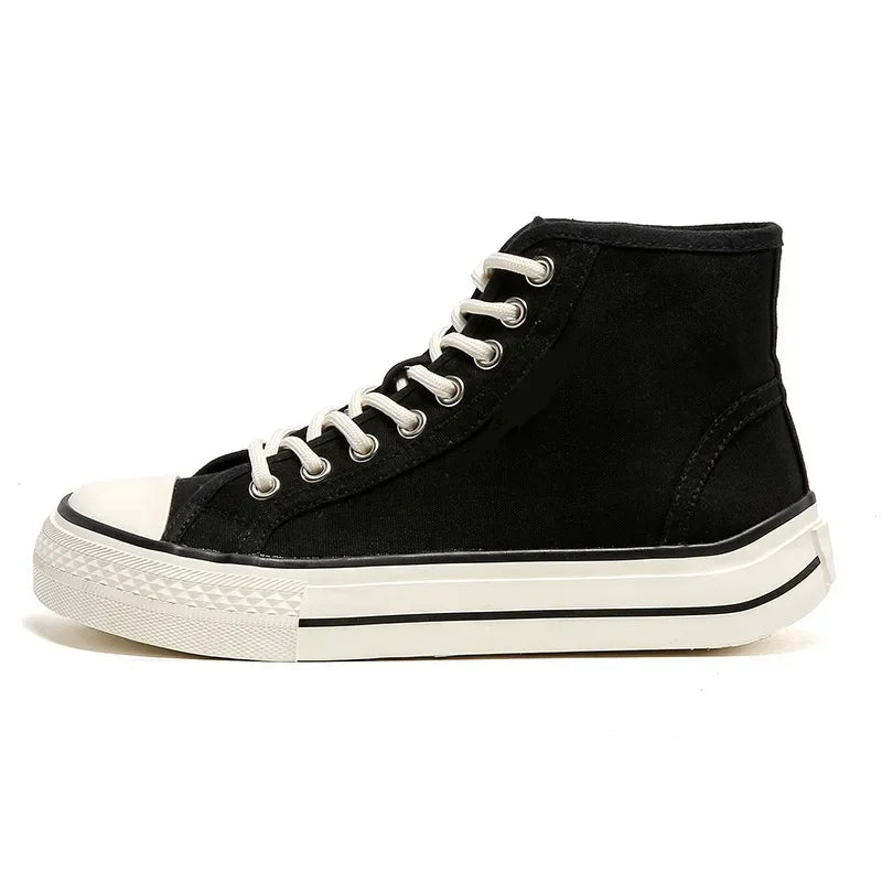 Women’s High-Top Canvas Shoes — Round-Toe, Low-Profile, Breathable Flat Heel Board Shoes for Spring/Summer