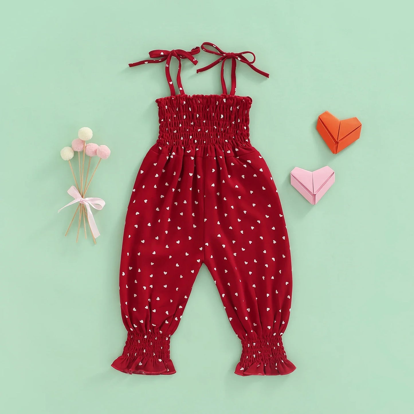 Lioraitiin Toddler Girl Sling Jumpsuit – Heart & Leopard Print Pleated Tie-Up Overalls Romper for Ages 0-4 Years