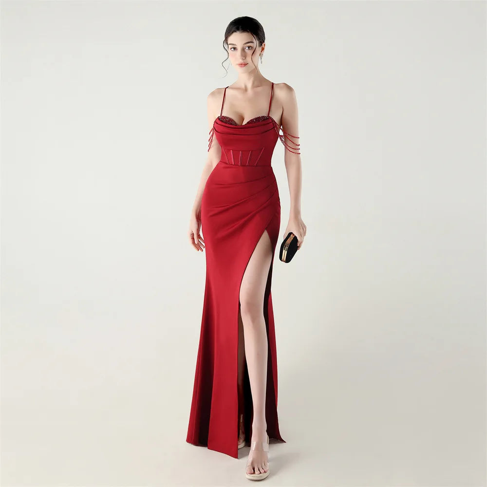 DEERVEADO Women’s Satin Strap Evening Dress — Beaded Sexy Mermaid Slit Long Formal Party Gown