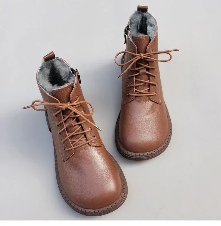 Careaymade 100% Genuine Leather Wide Casual Women’s Short Boots – Big Size, Handmade Men’s Wool Boots