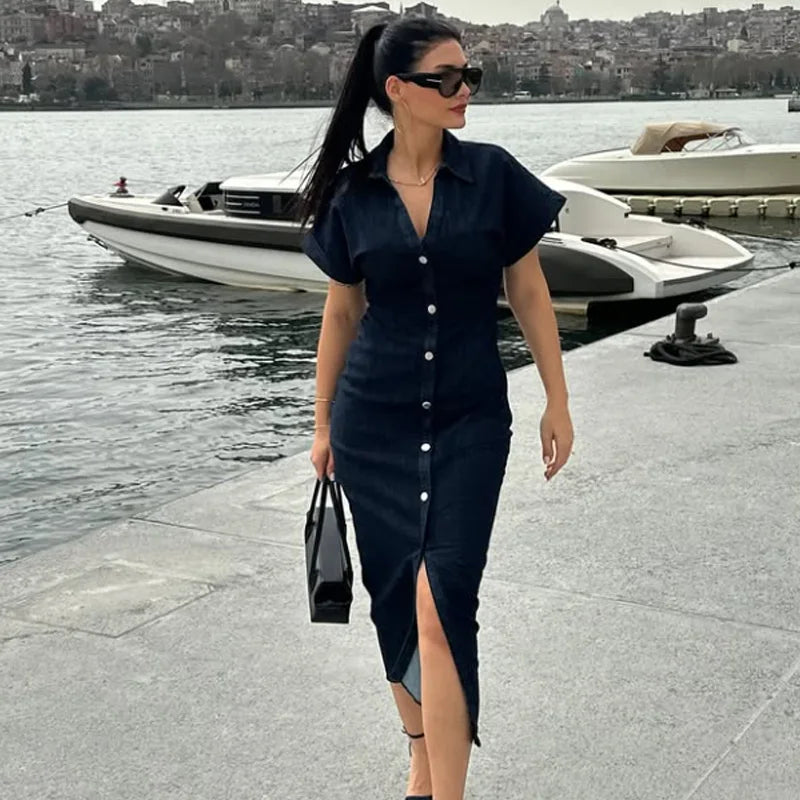 TRAF Women’s Denim Bodycon Dress – Summer 2025 Blue Button Ruffled Batwing Sleeve Long Casual Beach Vestido