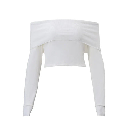 WhereMery Elegant Slash-Neck Ribbed Crop Top – Y2K Off-Shoulder Long Sleeve Camisole, Autumn Skinny French Style T-Shirt