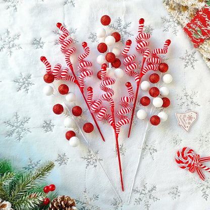 1/2PCS Red & White Woolen Bells – Candy Cane Branches for Xmas Tree, DIY Crafts, Vase & Wreath Christmas Decorations