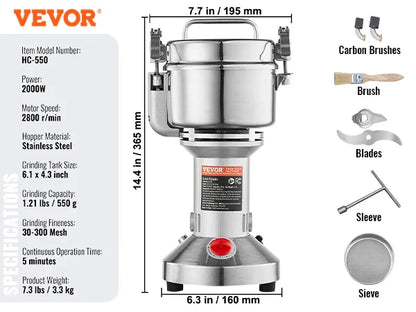 SucceBuy 150-2500g Electric Grain Mill Grinder – Commercial Spice & Herb Grinder for Coffee, Corn & Cereals