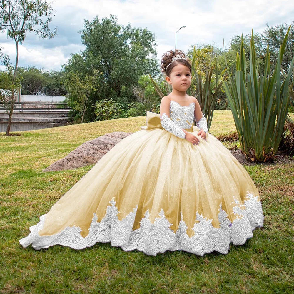 Flower Girl Wedding Dress - Long Sleeve Satin Bow Ball Gown for Toddlers & Girls