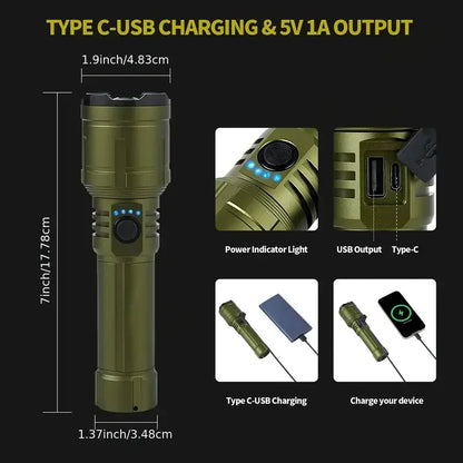 Rechargeable 3-in-1 Flashlight - Super Bright 5-Mode Waterproof Light with Power Bank & Lighter