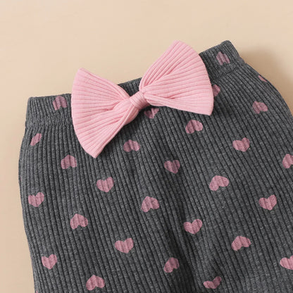 Newborn Baby Girls Clothes Set – Pink Ruffle Top & Heart Print Bow Trousers, Princess Casual Outfit for Infants