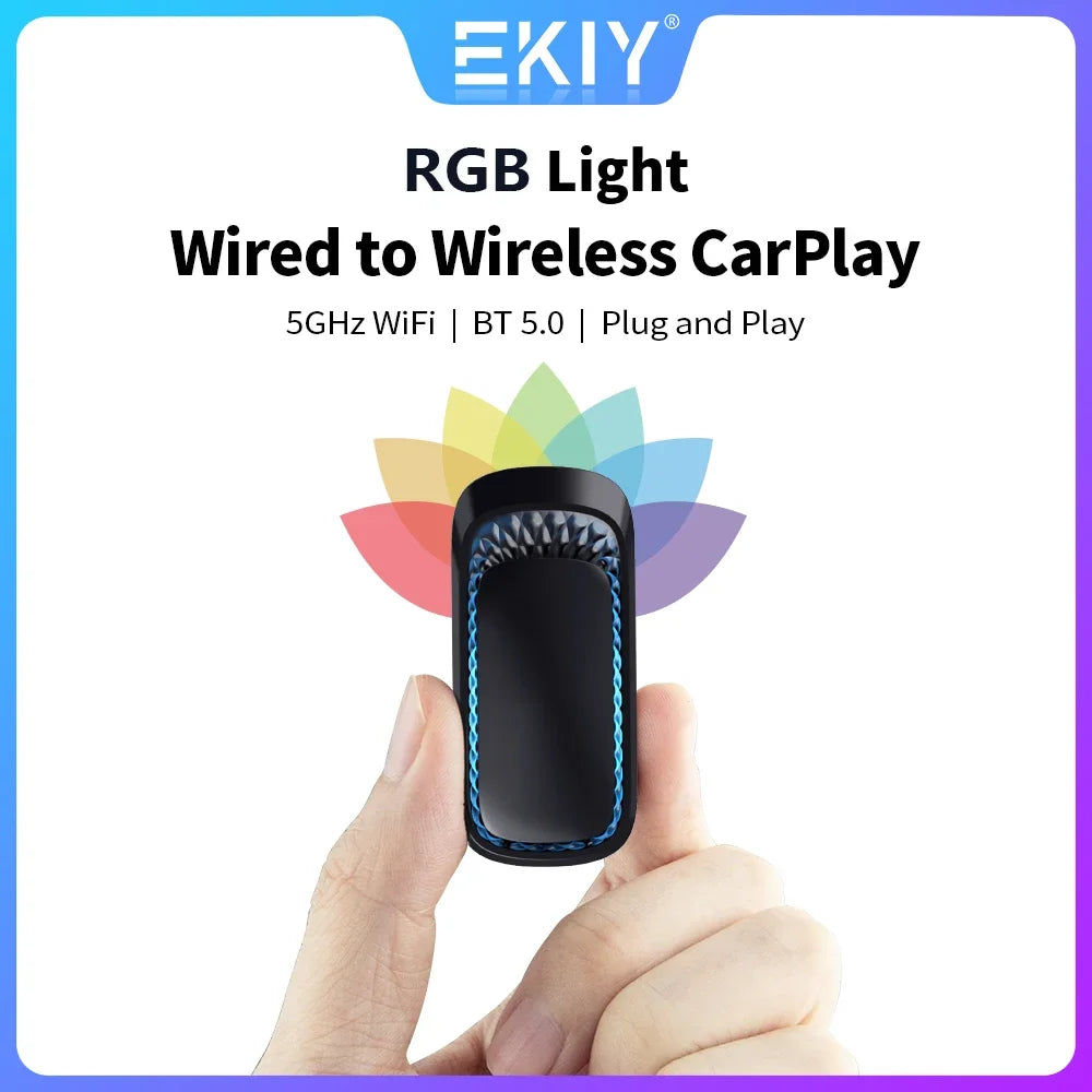 EKIY Wireless CarPlay Adapter - RGB Colorful Mini Smart Box with Bluetooth & WiFi | Plug and Play for Wired Apple CarPlay Cars