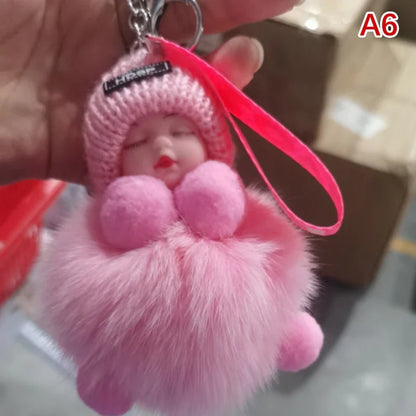 Pompom Sleeping Baby Keychain - Fluffy Plush Doll Keyring for Bags, Cars & Gift Decoration