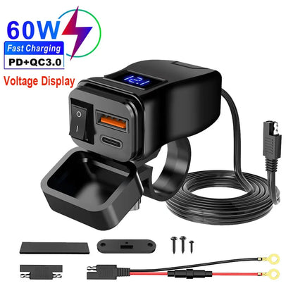PD QC3.0 Motorcycle USB Fast Charger — 60W Dual USB Handlebar Socket with Switch & Voltmeter, Waterproof 12V Power Adapter
