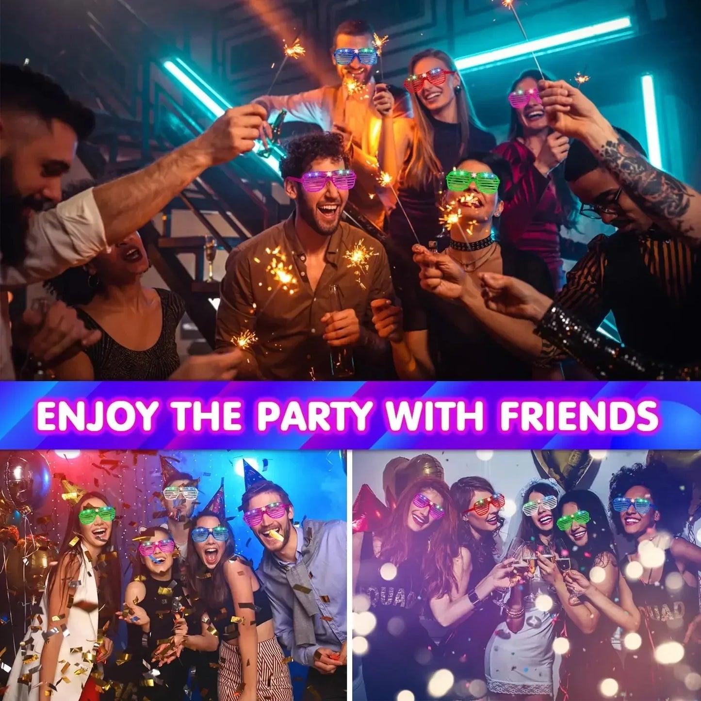 1-60PCS Neon Color Luminous LED Glasses – Eyeshade Lampshade Party Glasses for Christmas, Mardi Gras & Celebrations