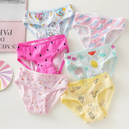 Girls 100% Cotton Cartoon Briefs - Cute Lace Trim Kids Underwear Shorts