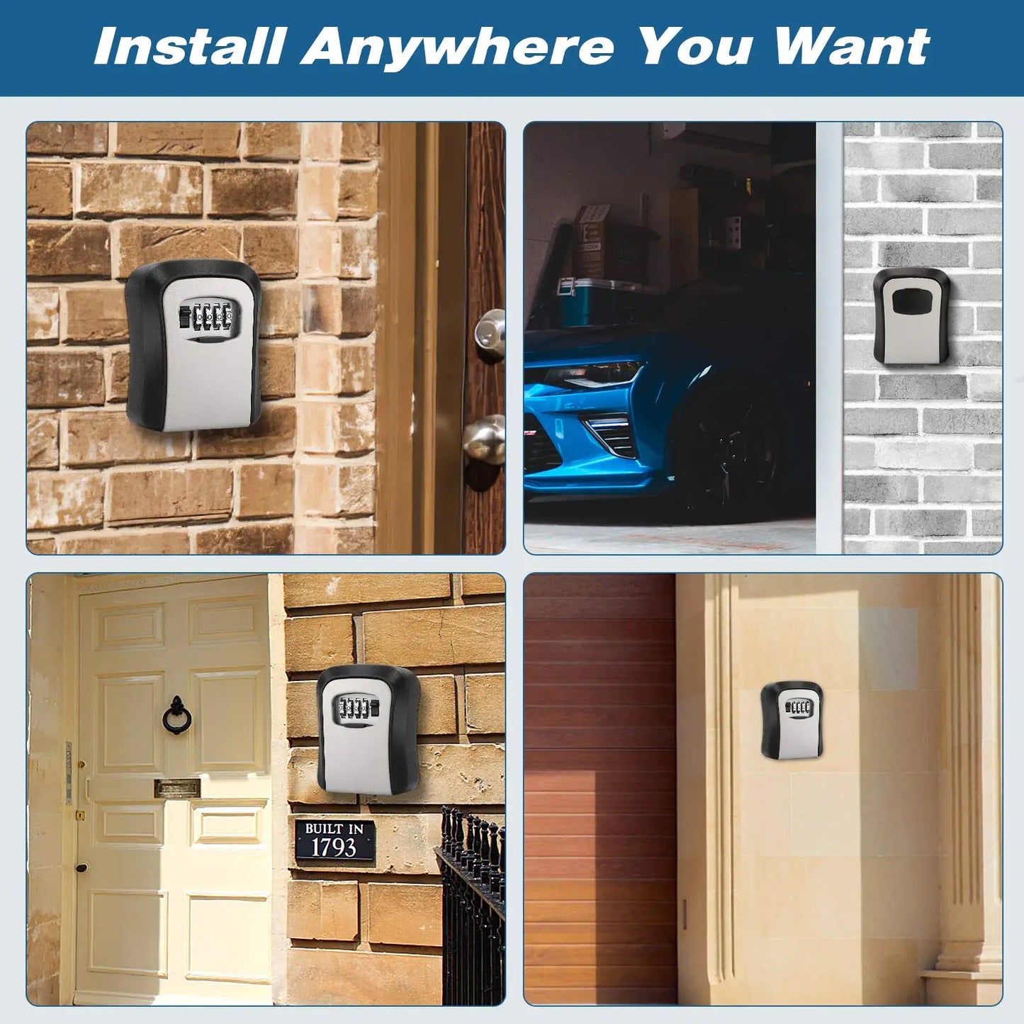 Wall Mount Key Lock Box - 4 Digit Password Code Security Lock for Home Office, Key Safe Secret Storage Box Organizer, No Key Needed