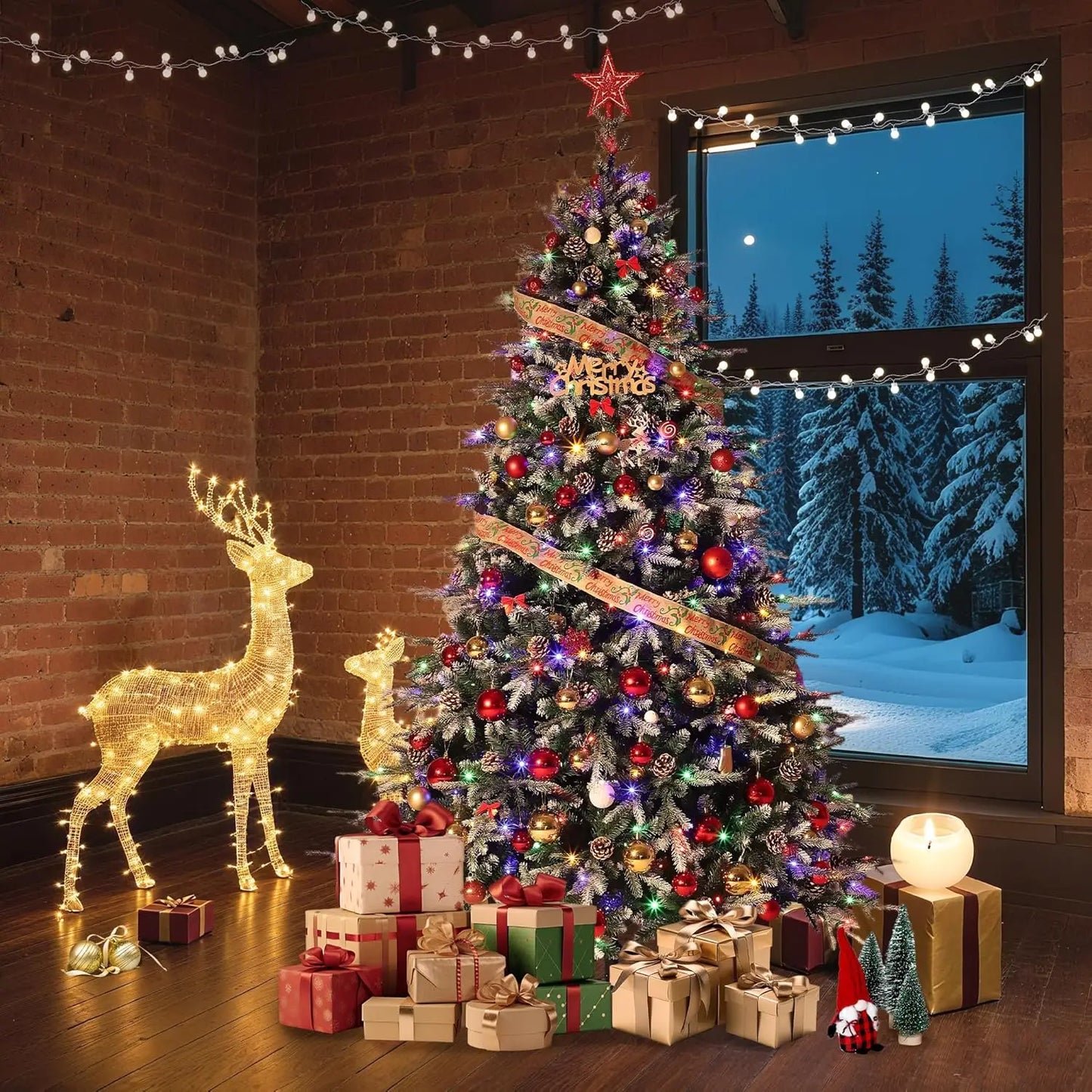 Pre-Lit Snow Flocked Christmas Tree with LED Lights & Pine Cones — 6ft, 7.5ft, 9ft Artificial Holiday Tree for Home Decor