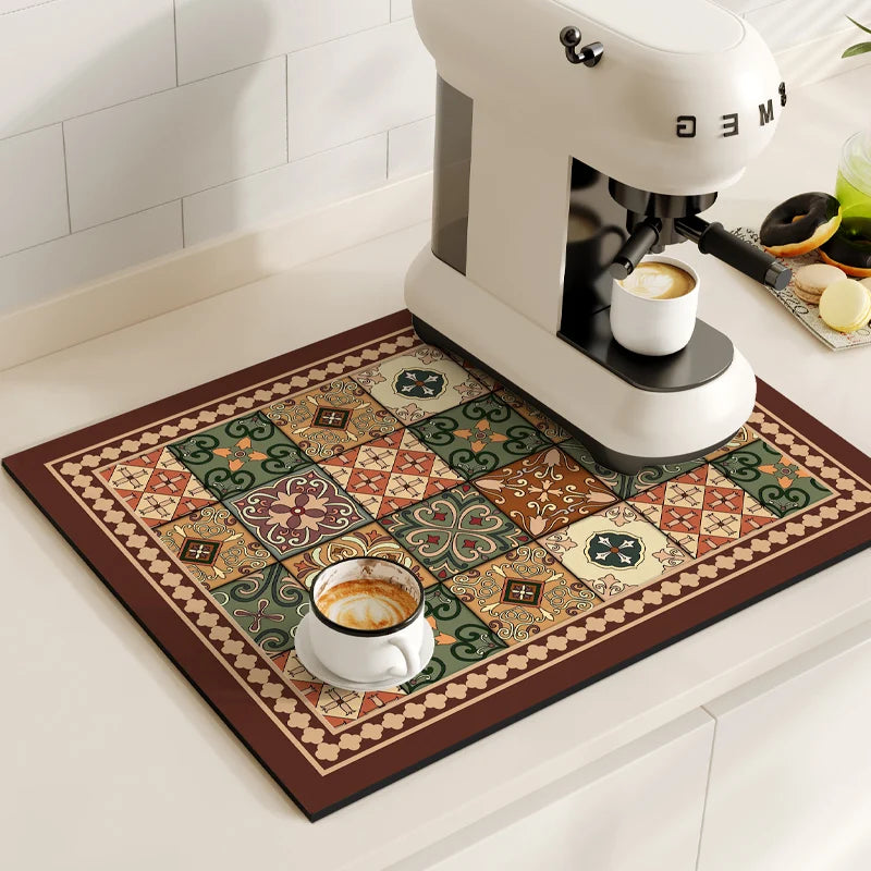 Retro Coffee Maker & Dish Drying Mat – Non-Slip, Quick-Dry Kitchen Placemat for Tableware, Washable