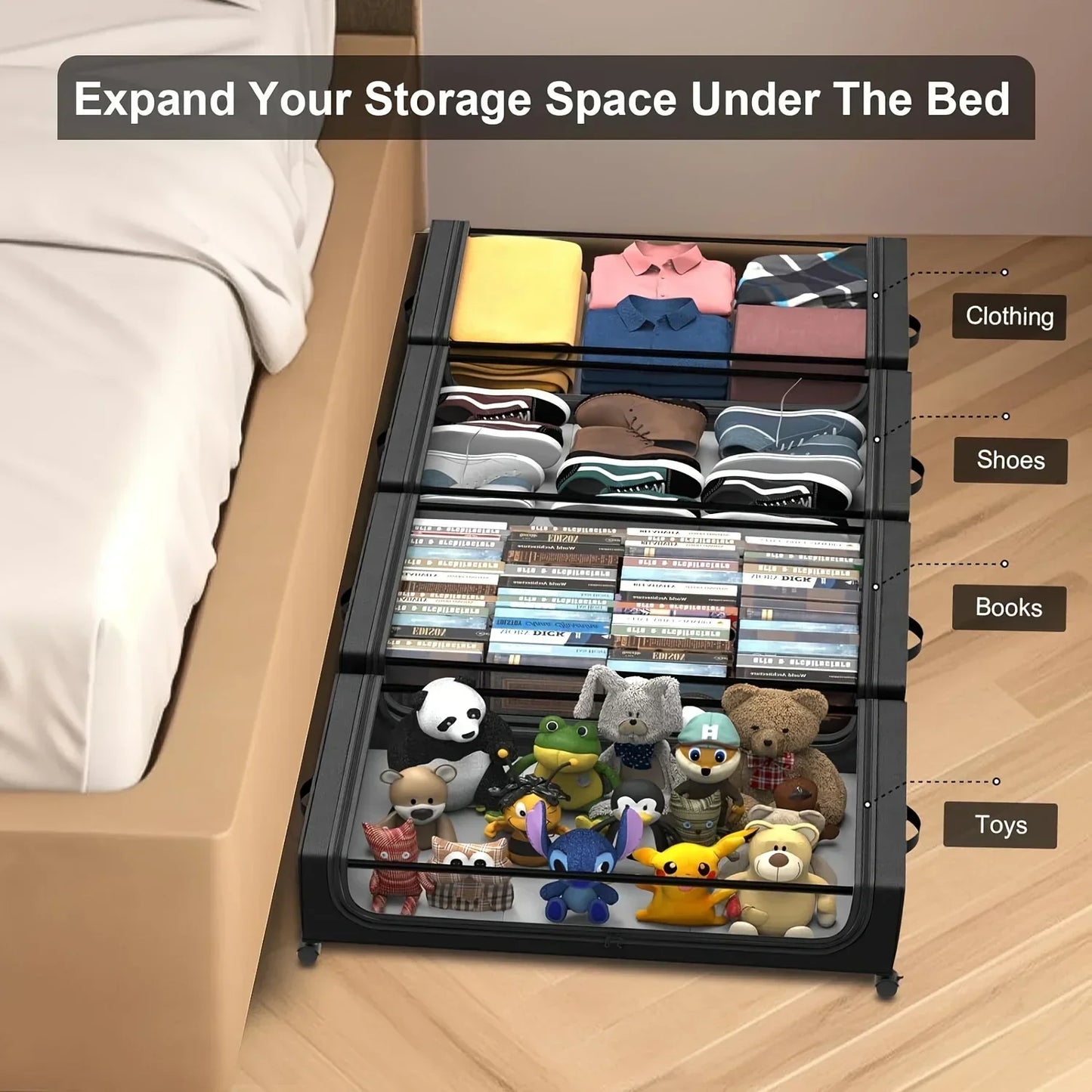 Underbed Storage Lockers with Wheels — Pull-Out Containers for Shoes & Clothes, Space-Saving for Dorms & Bedrooms