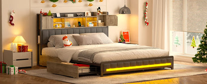 Full Size Upholstered Bed Frame with Storage Drawers, Bookcase Headboard, LED Lights & USB Charging Station