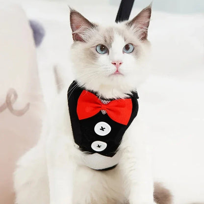 Elegant Bowtie Pet Harness Vest - Adjustable Cat Dog Leash Set Cute Tuxedo Bowknot Suit for Puppy Kitten